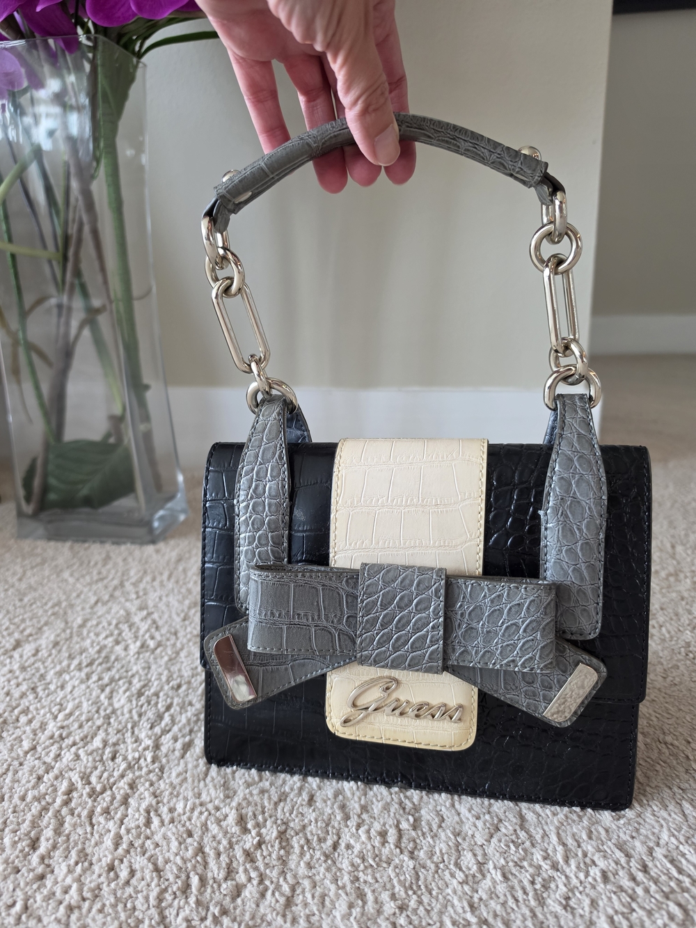 Guess Croc-Embossed Leather Top-Handle Bag in Black, Gray & Cream